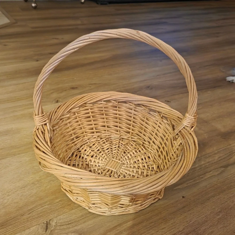 Natural Wicker Round Harvest‎ Basket Handle Rustic Farmhouse Handwoven Vintage